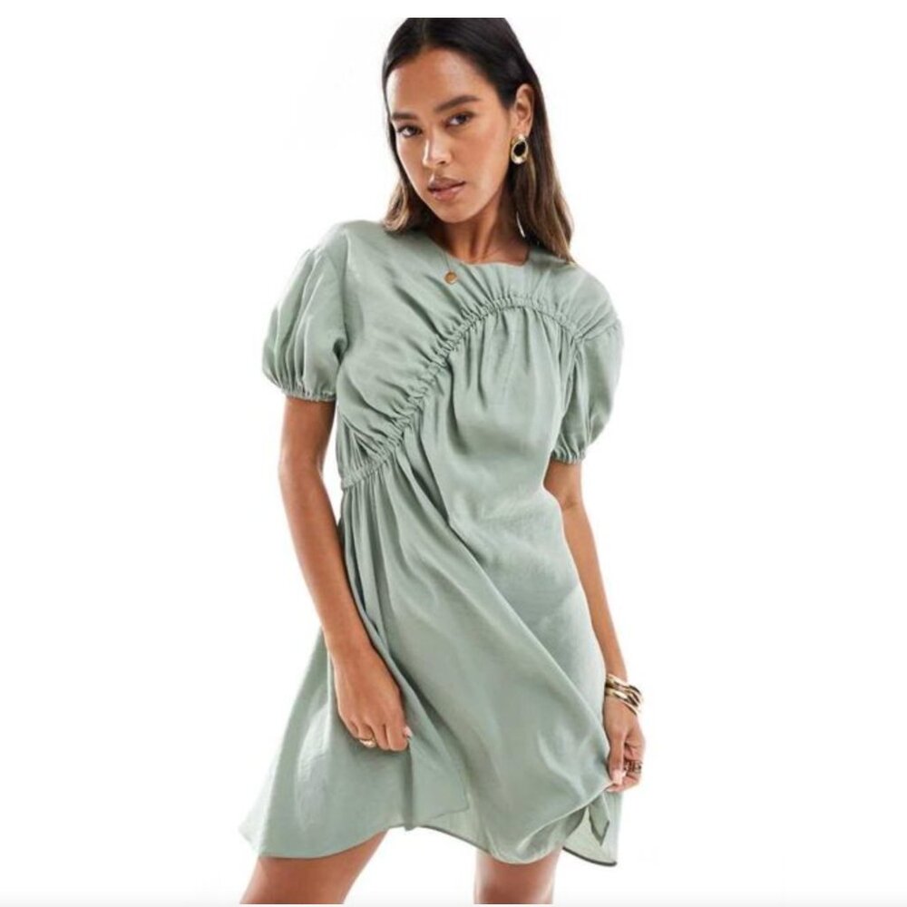 Green Cupro Puff Sleeve Smock Dress